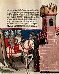 Image: 'Knights Arriving at a Castle' (artist unknown)